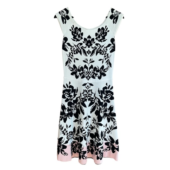 Eliza J Knit Fit & Flare Dress Floral Sleeveless Party White Black‎ Pink S - Picture 1 of 10